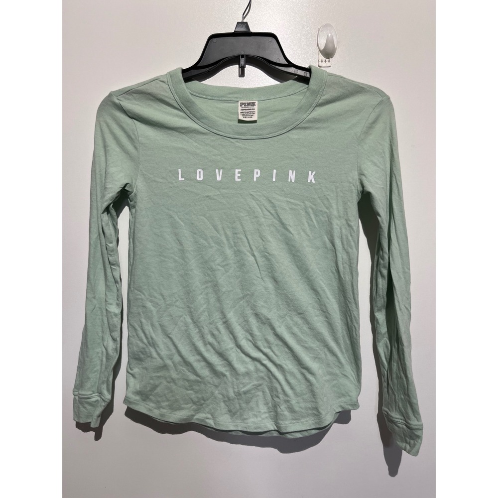 Victoria's Secret PINK Long Sleeve Sage Green Love Pink Graphic T-Shirt XS